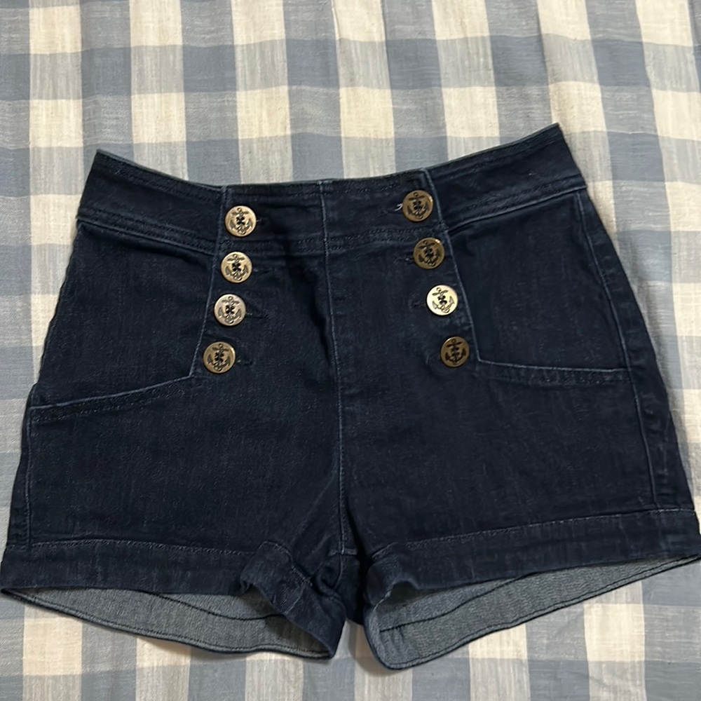 Express Denim Sailor High Rise Shorty Shorts Dark Blue Wash Size 4